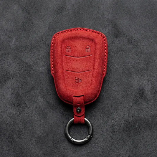 Cadillac Hand-Stitched Alcantara Key Fob Cover – Crest Shield 3-Button Red