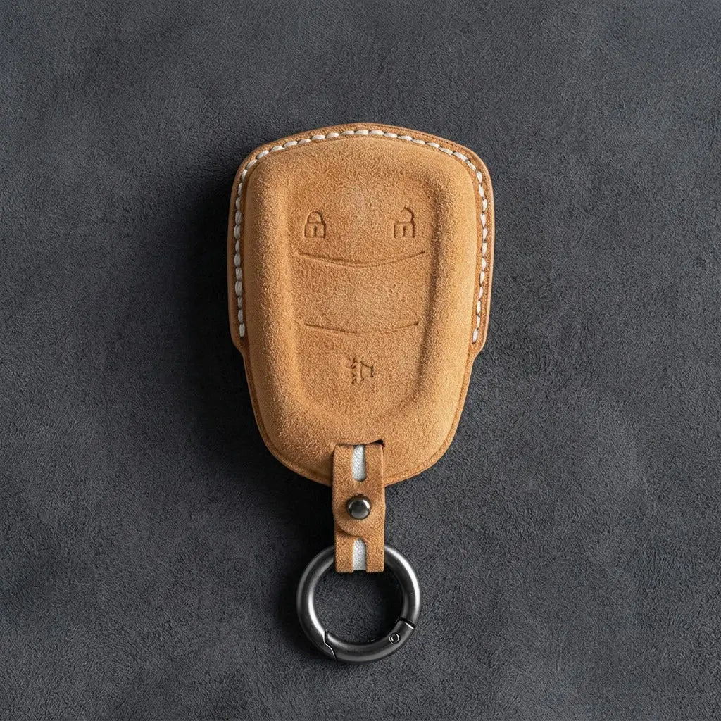 Cadillac Hand-Stitched Alcantara Key Fob Cover – Crest Shield 3-Button Soft Brown