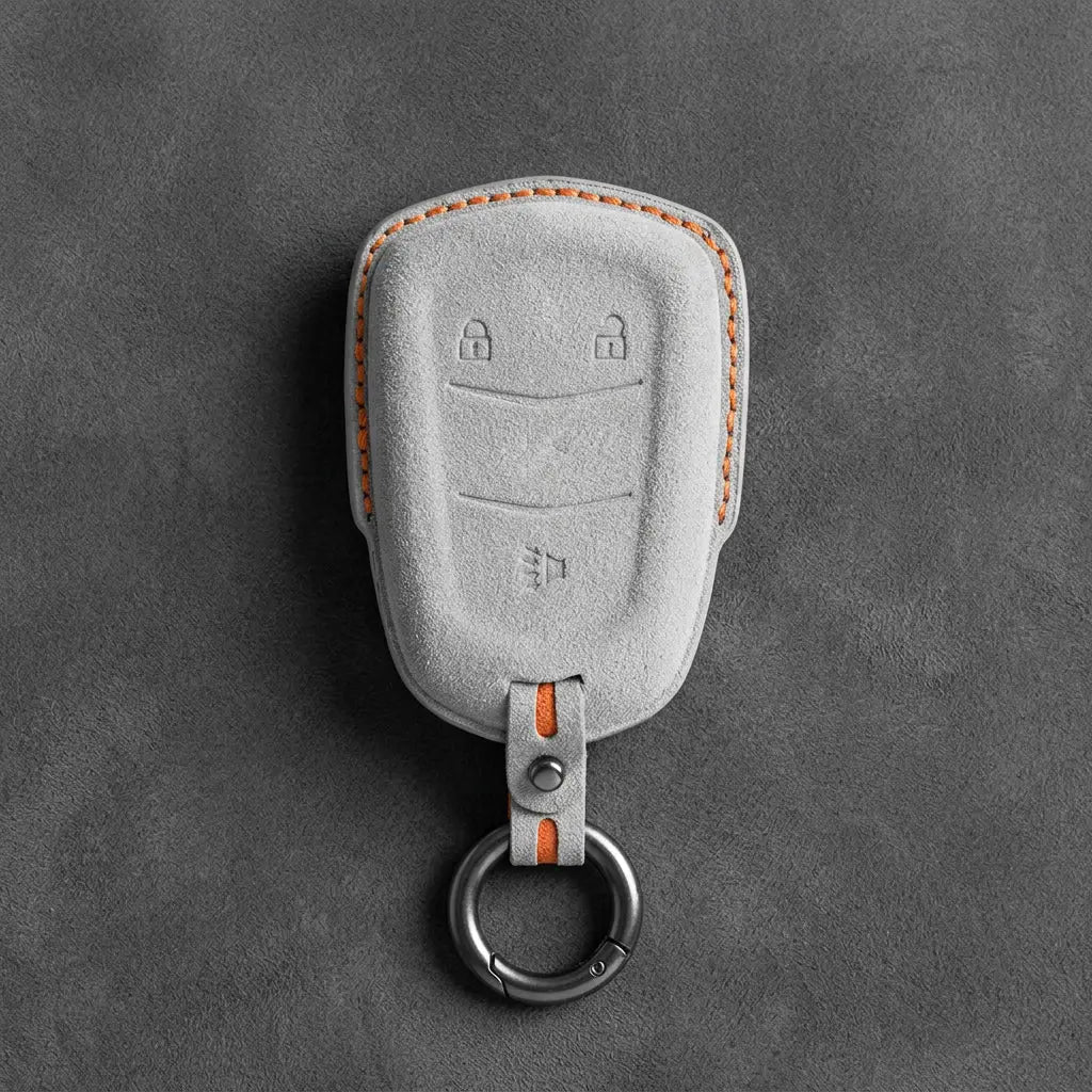 Cadillac Hand-Stitched Alcantara Key Fob Cover – Crest Shield 3-Button White
