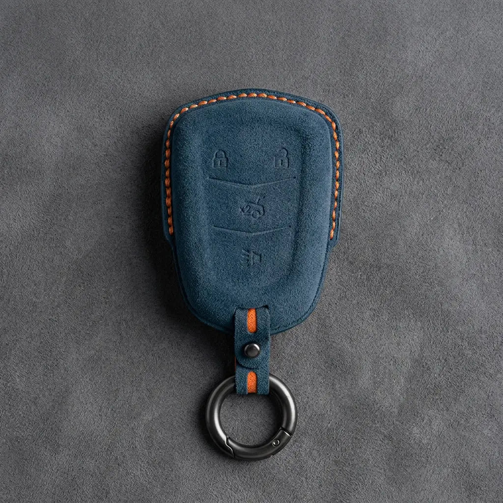Cadillac Hand-Stitched Alcantara Key Fob Cover – Crest Shield 4-Button Cobalt Blue