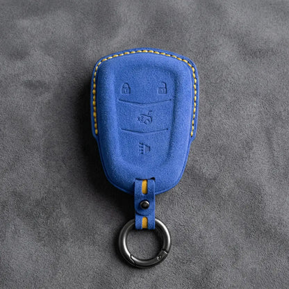 Cadillac Hand-Stitched Alcantara Key Fob Cover – Crest Shield 4-Button Cornflower Blue