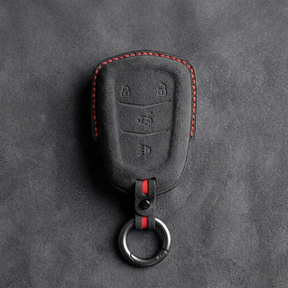 Cadillac Hand-Stitched Alcantara Key Fob Cover – Crest Shield 4-Button Dark Charcoal