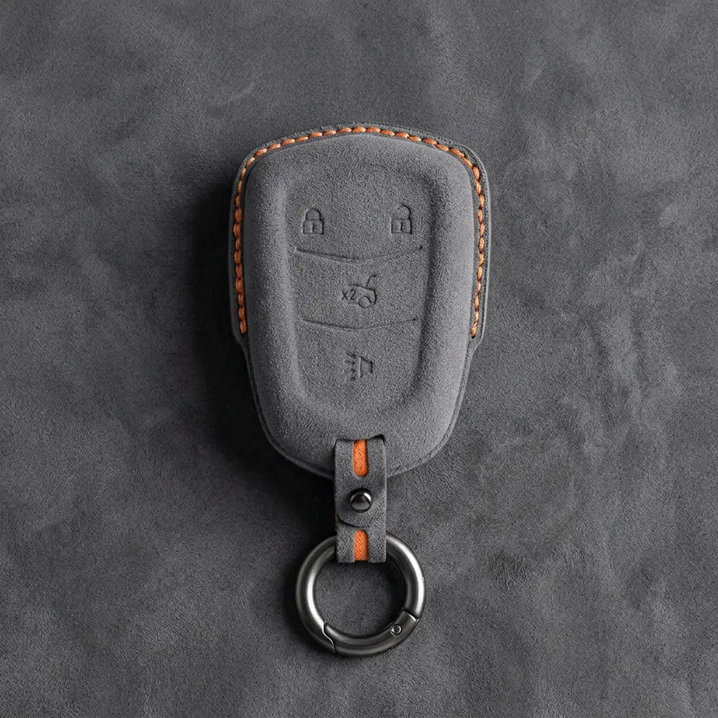 Cadillac Hand-Stitched Alcantara Key Fob Cover – Crest Shield 4-Button Dark Gray