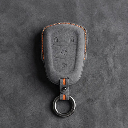 Cadillac Hand-Stitched Alcantara Key Fob Cover – Crest Shield 4-Button Dark Gray