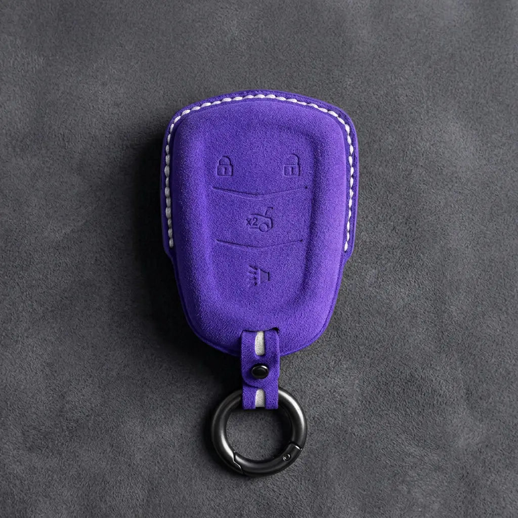 Cadillac Hand-Stitched Alcantara Key Fob Cover – Crest Shield 4-Button Dark Purple
