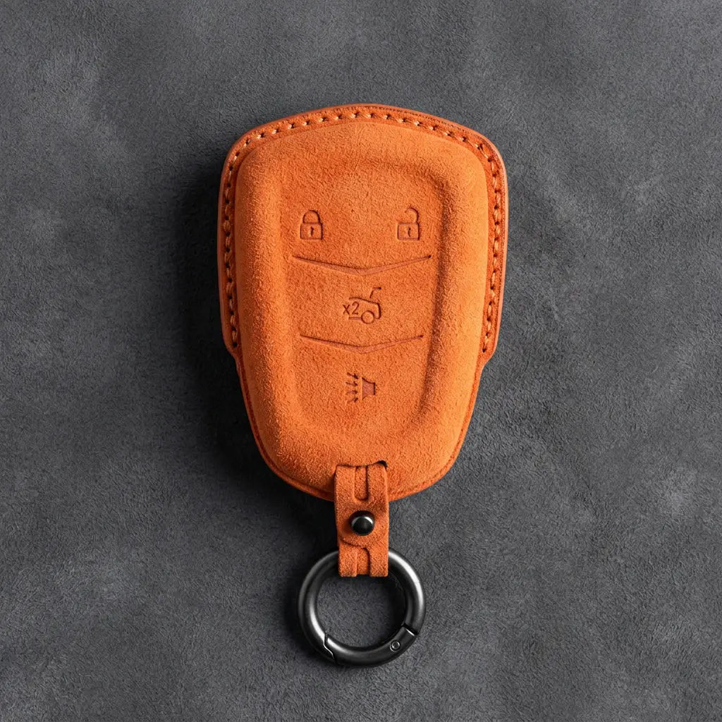 Cadillac Hand-Stitched Alcantara Key Fob Cover – Crest Shield 4-Button Orange
