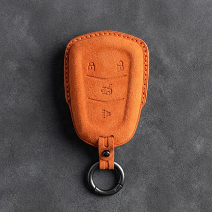 Cadillac Hand-Stitched Alcantara Key Fob Cover – Crest Shield 4-Button Orange
