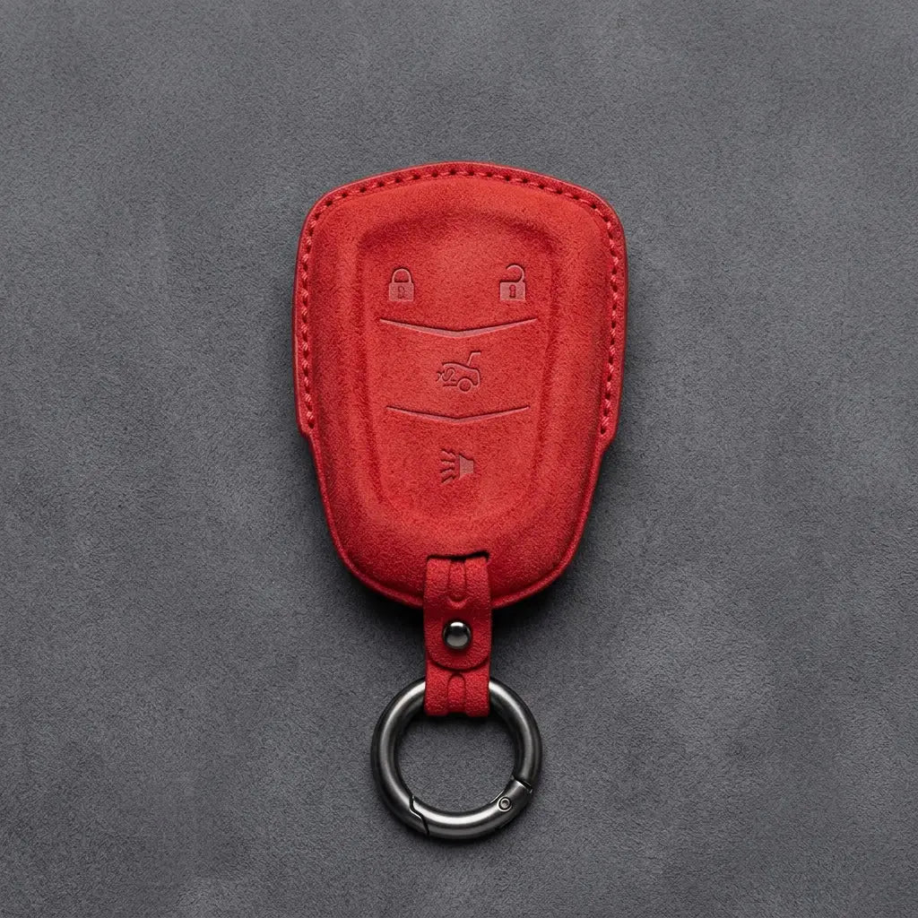 Cadillac Hand-Stitched Alcantara Key Fob Cover – Crest Shield 4-Button Red