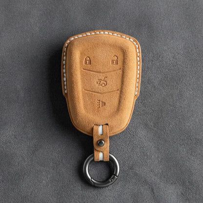 Cadillac Hand-Stitched Alcantara Key Fob Cover – Crest Shield 4-Button Soft Brown