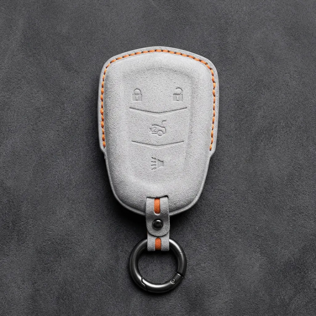 Cadillac Hand-Stitched Alcantara Key Fob Cover – Crest Shield 4-Button White