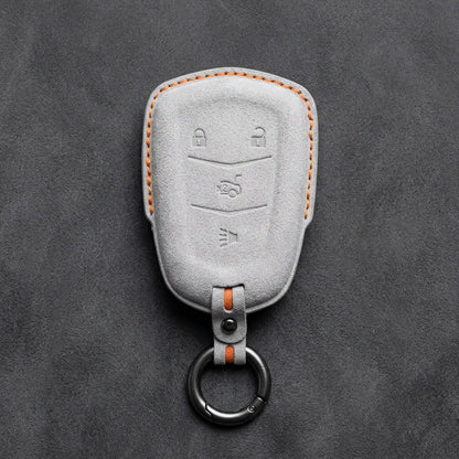 Cadillac Hand-Stitched Alcantara Key Fob Cover – Crest Shield 4-Button White