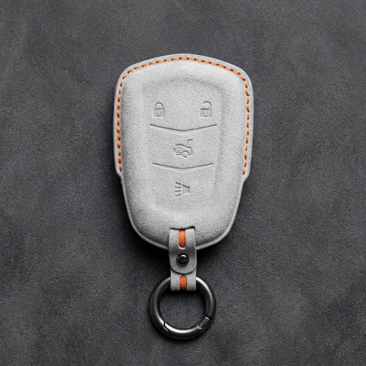 Cadillac Hand-Stitched Alcantara Key Fob Cover – Crest Shield 4-Button White