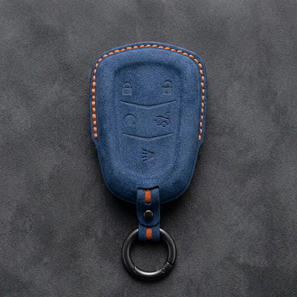 Cadillac Hand-Stitched Alcantara Key Fob Cover – Crest Shield 5-Button Cobalt Blue