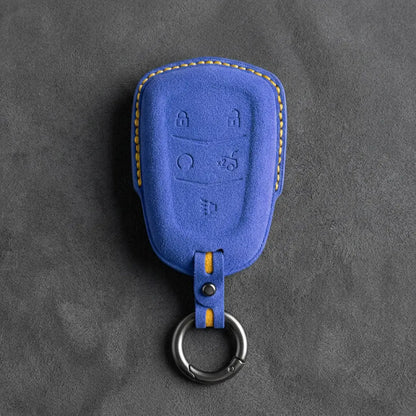 Cadillac Hand-Stitched Alcantara Key Fob Cover – Crest Shield 5-Button Cornflower Blue