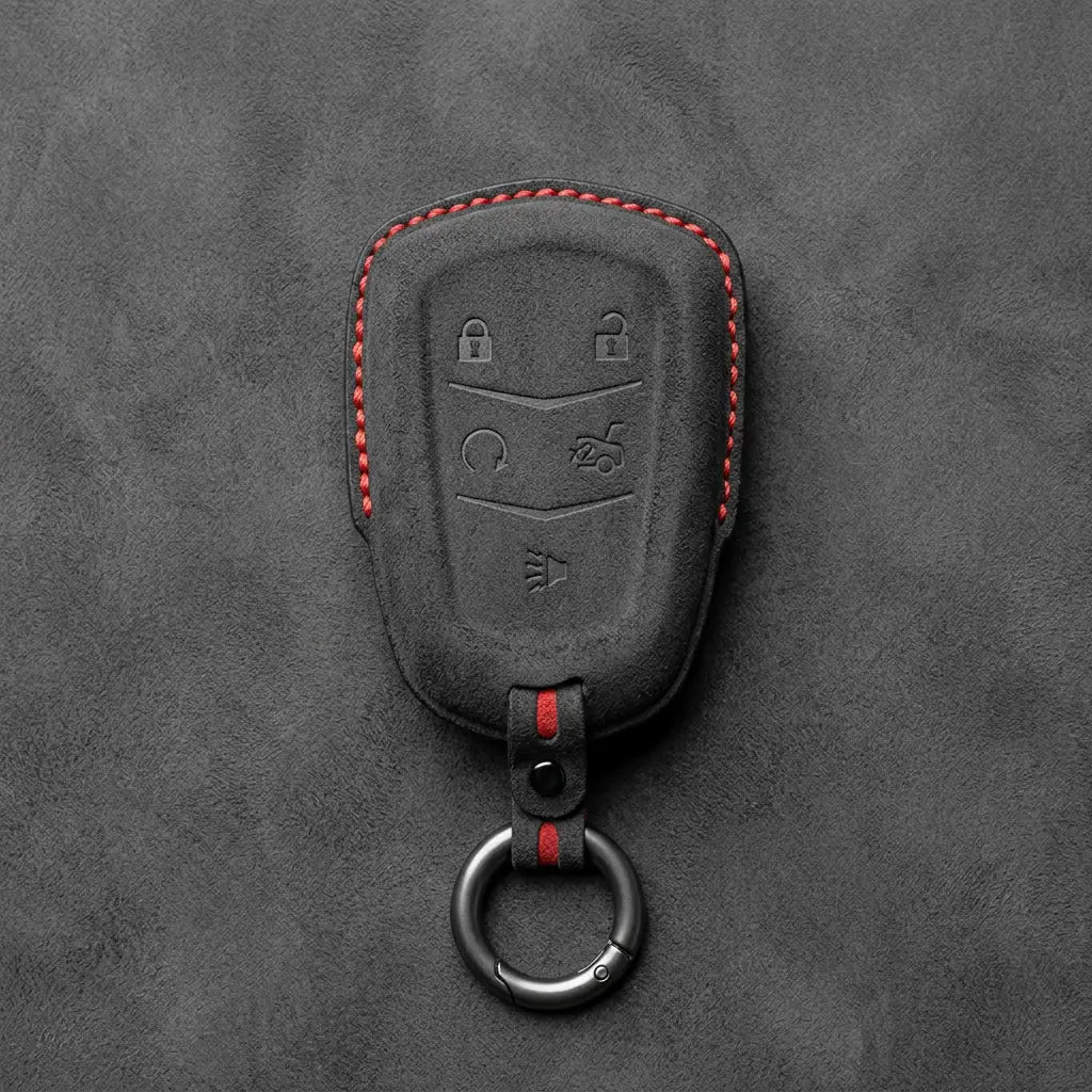 Cadillac Hand-Stitched Alcantara Key Fob Cover – Crest Shield 5-Button Dark Charcoal