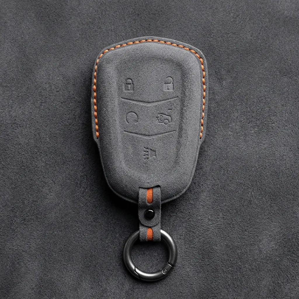 Cadillac Hand-Stitched Alcantara Key Fob Cover – Crest Shield 5-Button Dark Gray