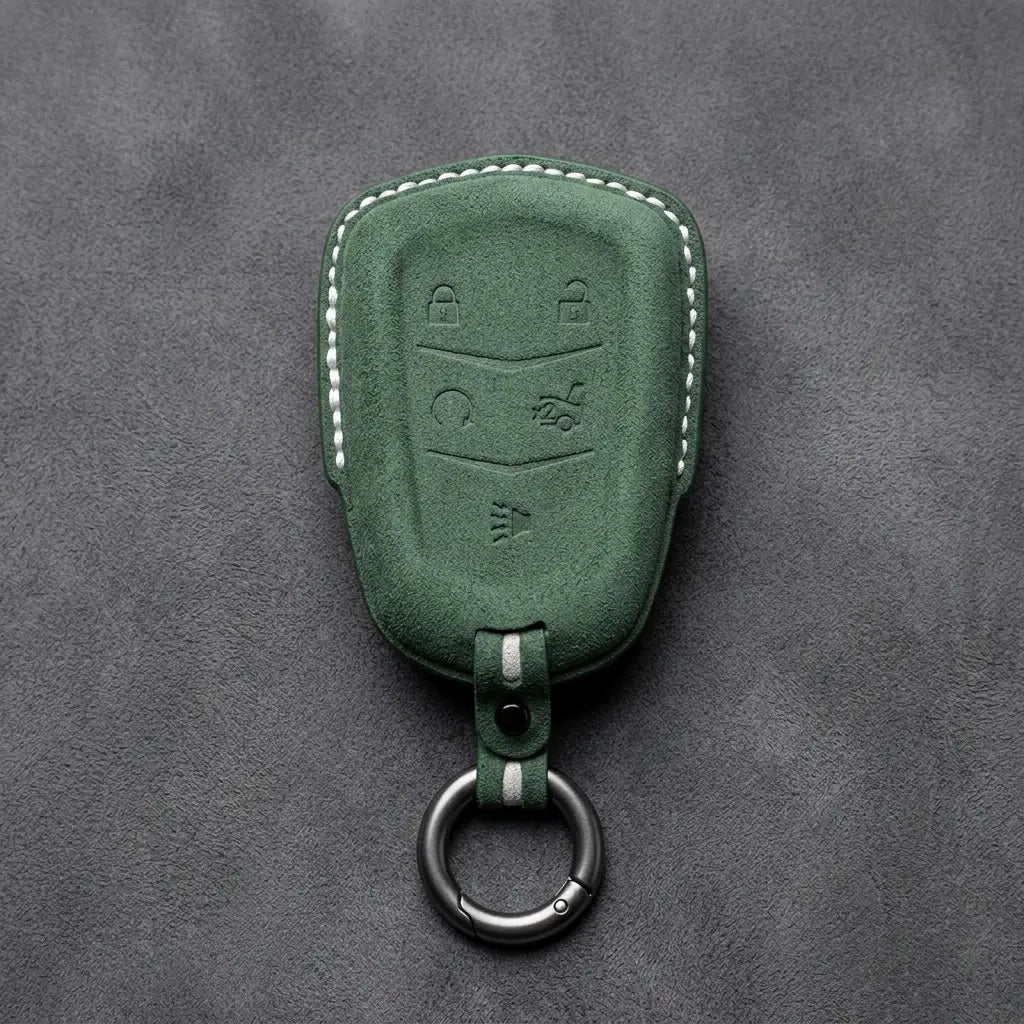 Cadillac Hand-Stitched Alcantara Key Fob Cover – Crest Shield 5-Button Dark Green