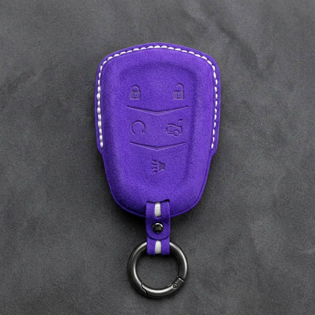 Cadillac Hand-Stitched Alcantara Key Fob Cover – Crest Shield 5-Button Dark Purple