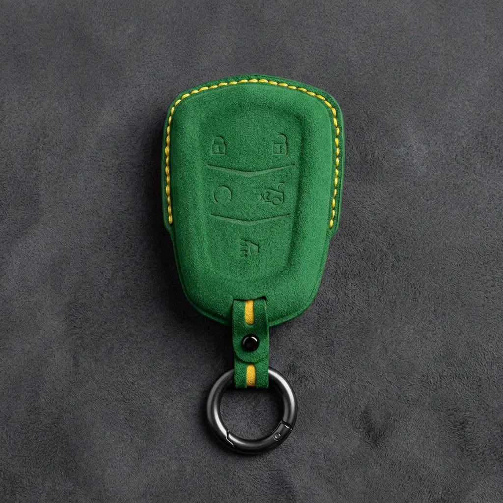 Cadillac Hand-Stitched Alcantara Key Fob Cover – Crest Shield 5-Button Grass Green