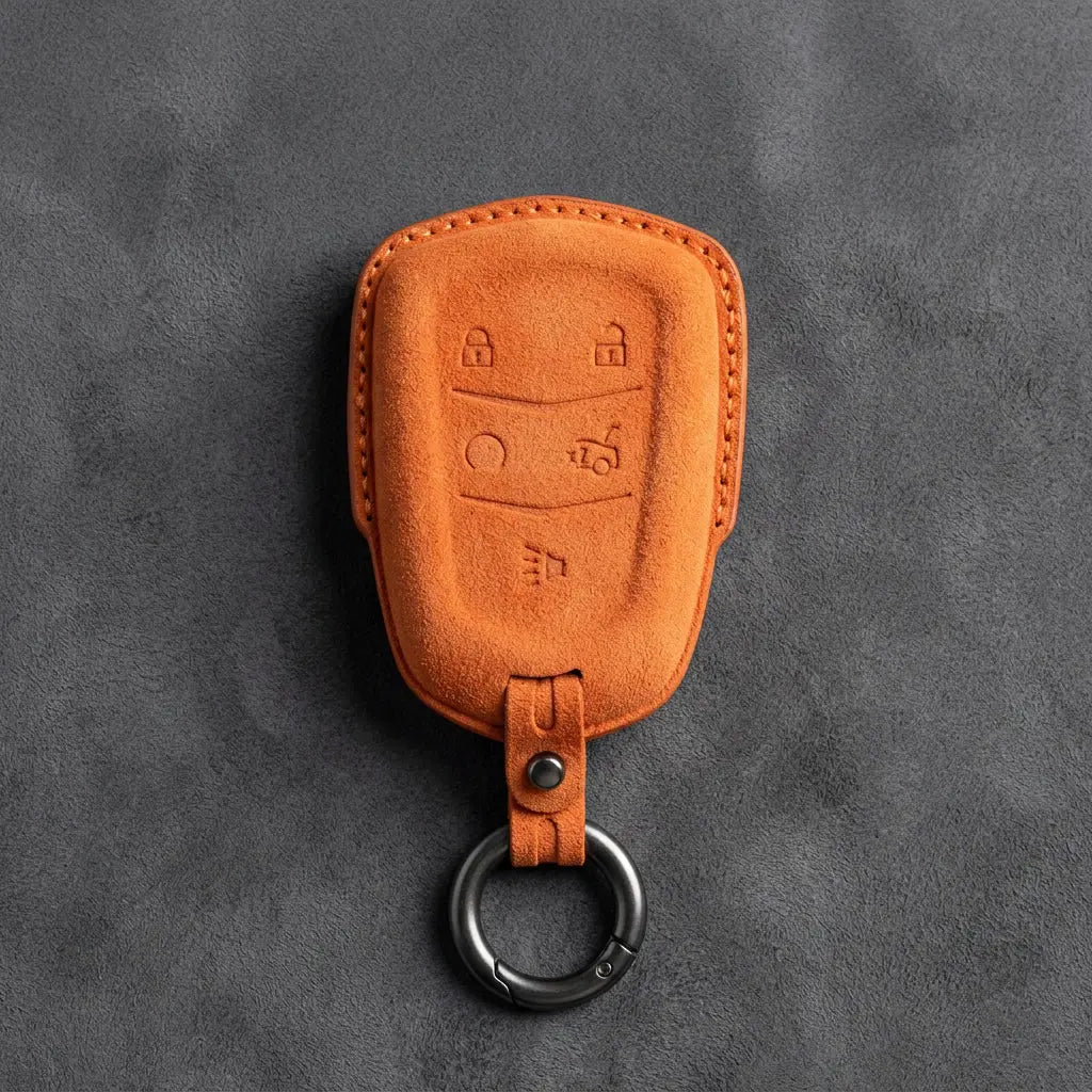 Cadillac Hand-Stitched Alcantara Key Fob Cover – Crest Shield 5-Button Orange