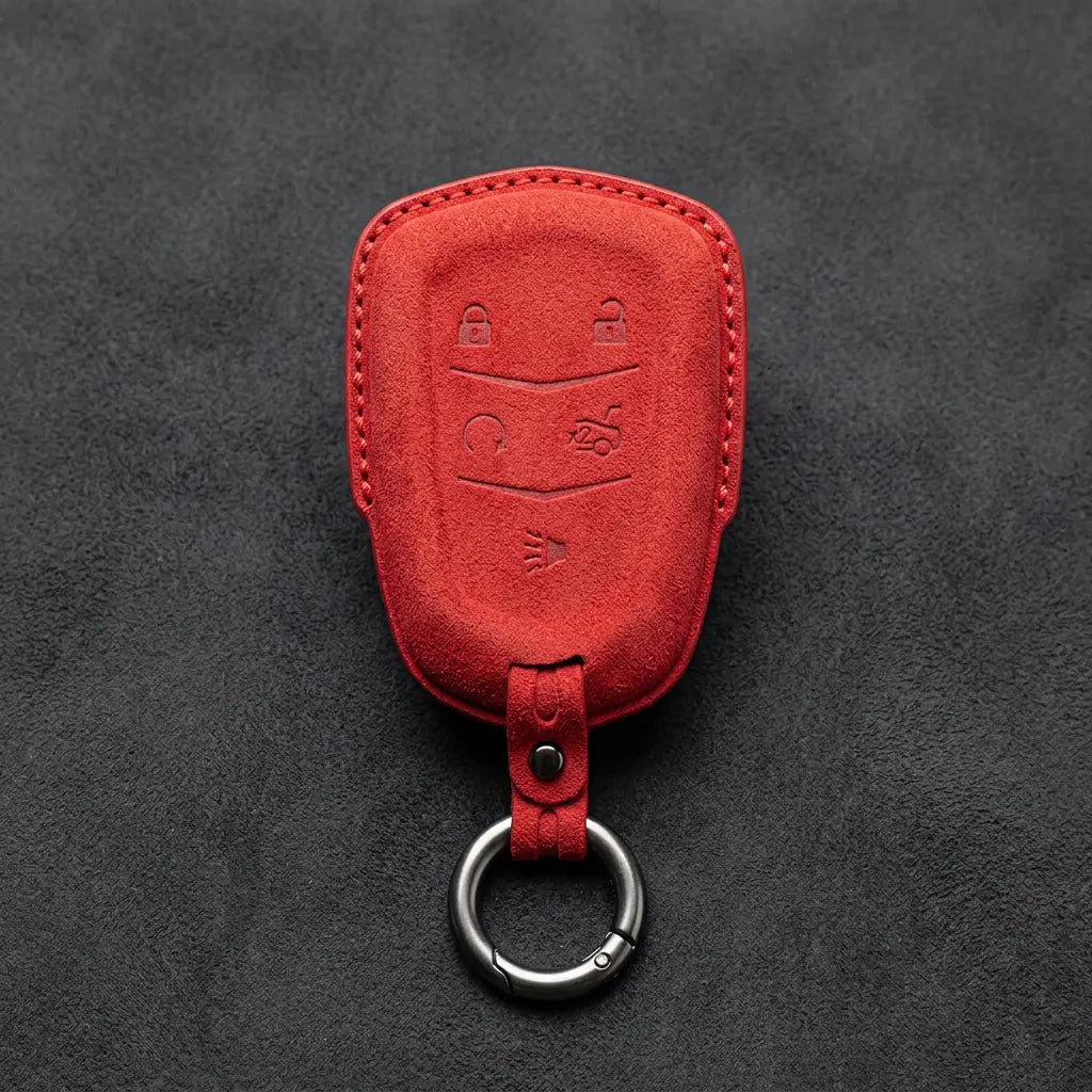 Cadillac Hand-Stitched Alcantara Key Fob Cover – Crest Shield 5-Button Red