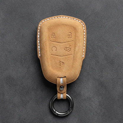 Cadillac Hand-Stitched Alcantara Key Fob Cover – Crest Shield 5-Button Soft Brown