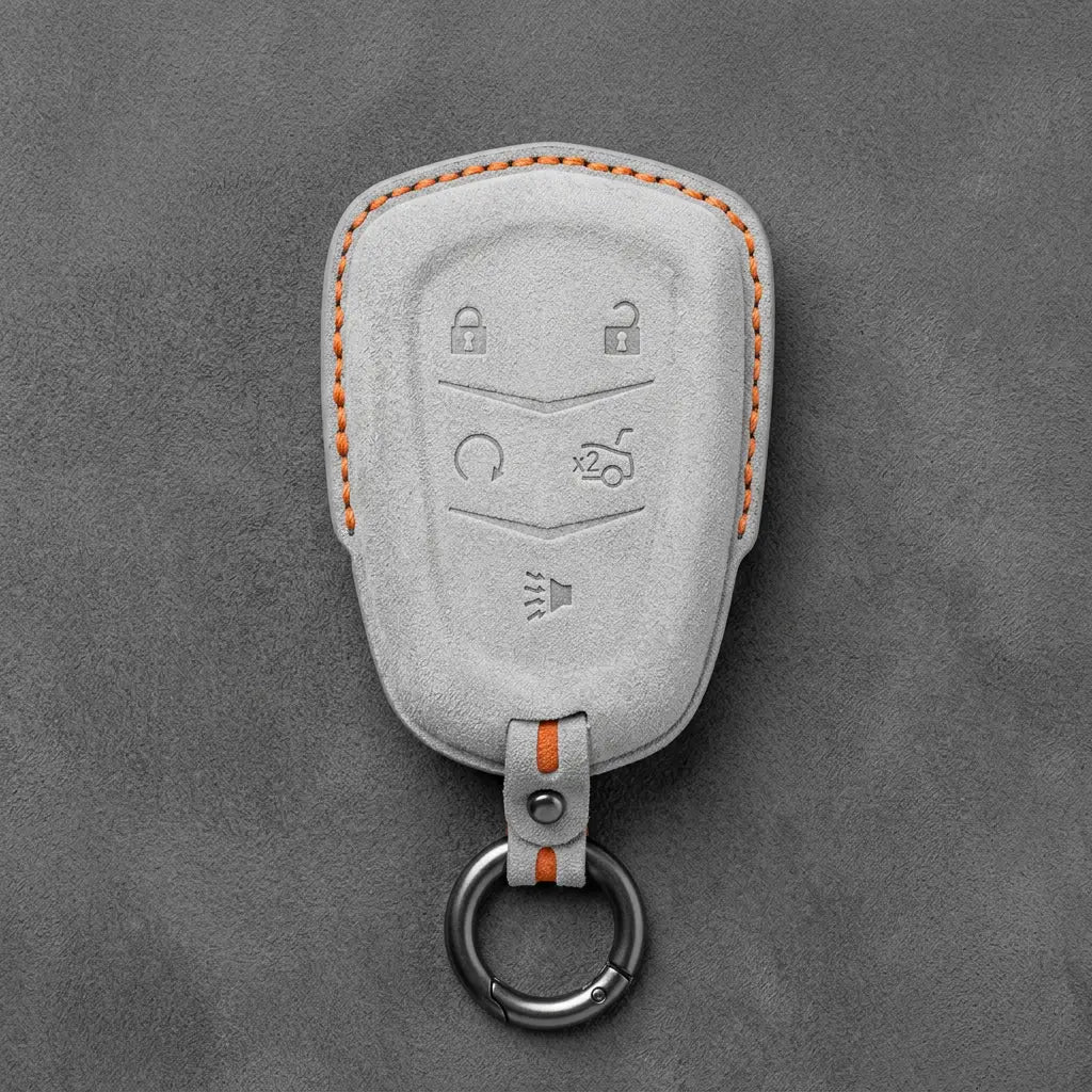 Cadillac Hand-Stitched Alcantara Key Fob Cover – Crest Shield 5-Button White