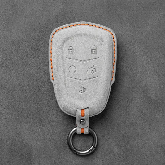 Cadillac Hand-Stitched Alcantara Key Fob Cover – Crest Shield 5-Button White