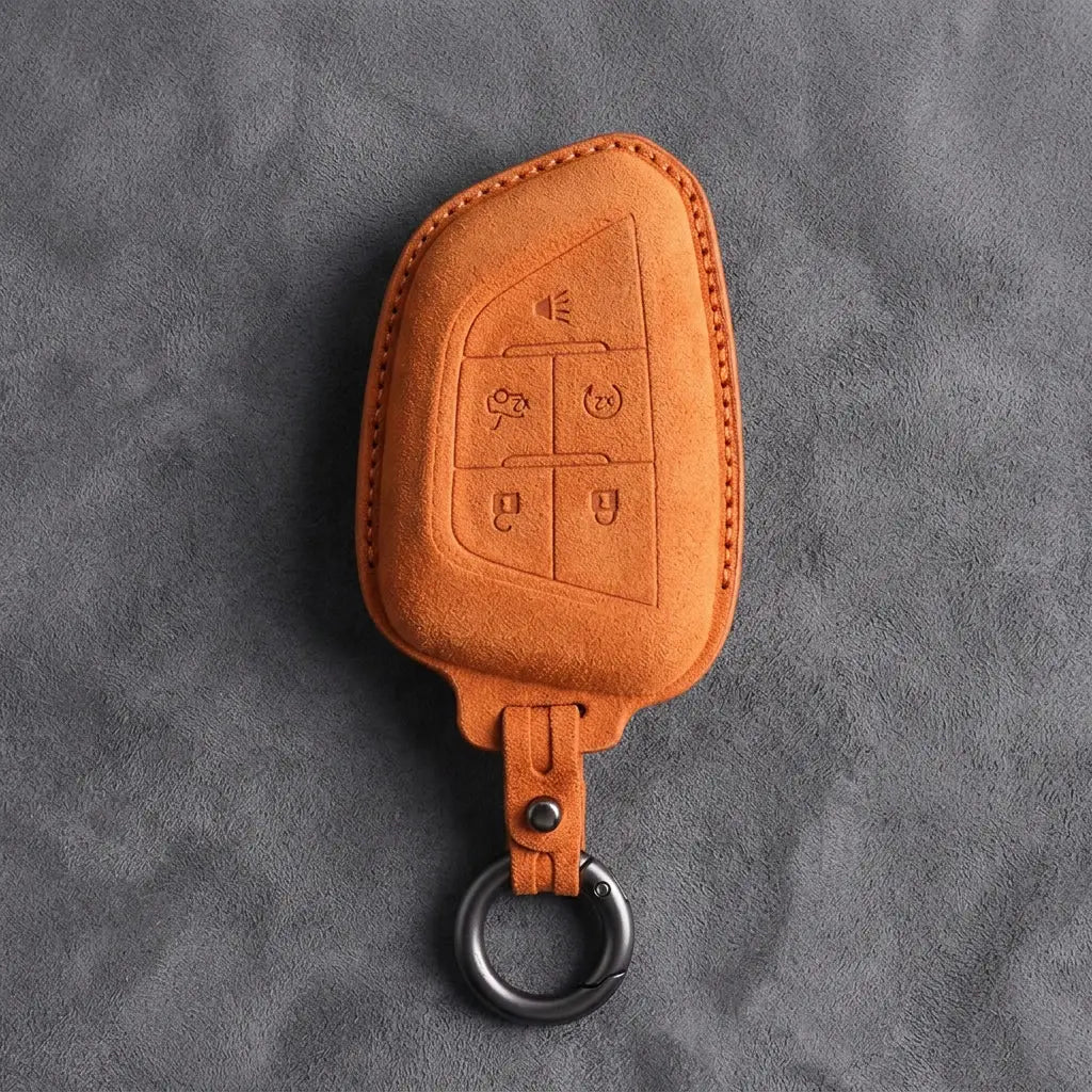 Cadillac Hand-Stitched Alcantara Key Fob Cover – Smart Key Remote - Orange