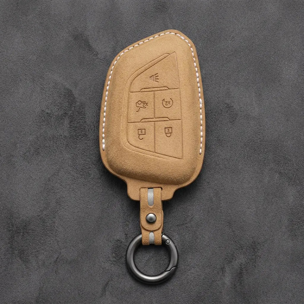 Cadillac Hand-Stitched Alcantara Key Fob Cover – Smart Key Remote - Soft Brown