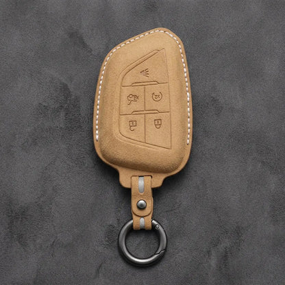 Cadillac Hand-Stitched Alcantara Key Fob Cover – Smart Key Remote - Soft Brown