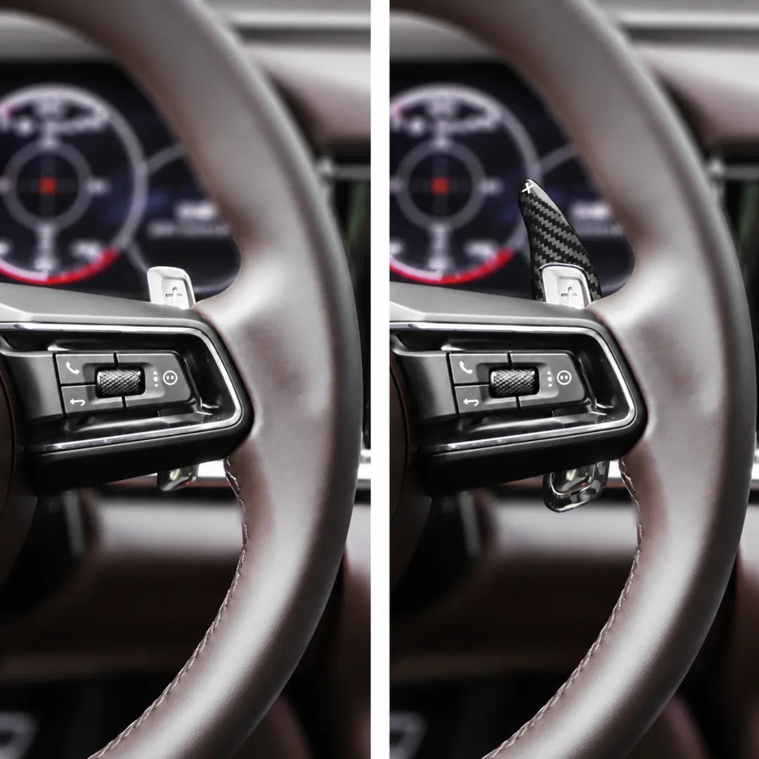 Carbon Fiber Paddle Shifters For Porsche Panamera, Cayenne, Macan, 718, 911 & 918 - Comparison with and without