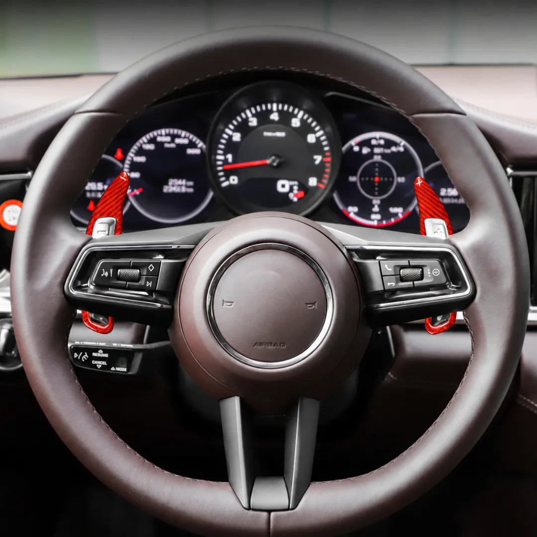 Carbon Fiber Paddle Shifters For Porsche Panamera, Cayenne, Macan, 718, 911 & 918 - Red On Steering Wheel