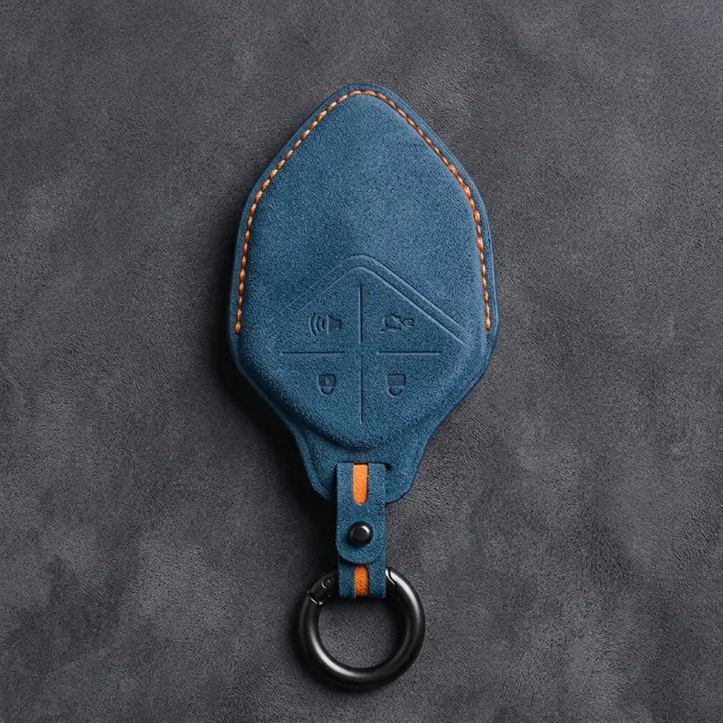Changan Hand Stitched Alcantara Key Fob Cover Diamond Smart Key Dark Charcoal Cobalt Blue