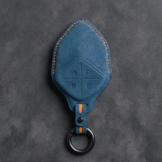 Changan Hand Stitched Alcantara Key Fob Cover Diamond Smart Key Dark Charcoal Cobalt Blue