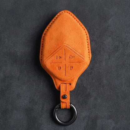 Changan Hand Stitched Alcantara Key Fob Cover Diamond Smart Key Dark Charcoal Orange