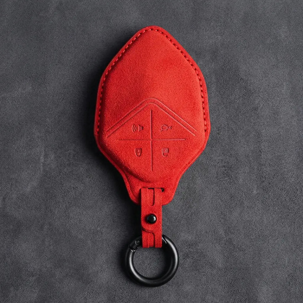 Changan Hand Stitched Alcantara Key Fob Cover Diamond Smart Key Dark Charcoal Red