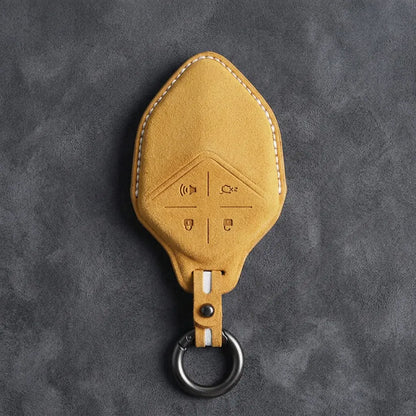 Changan Hand Stitched Alcantara Key Fob Cover Diamond Smart Key Dark Charcoal Soft Brown