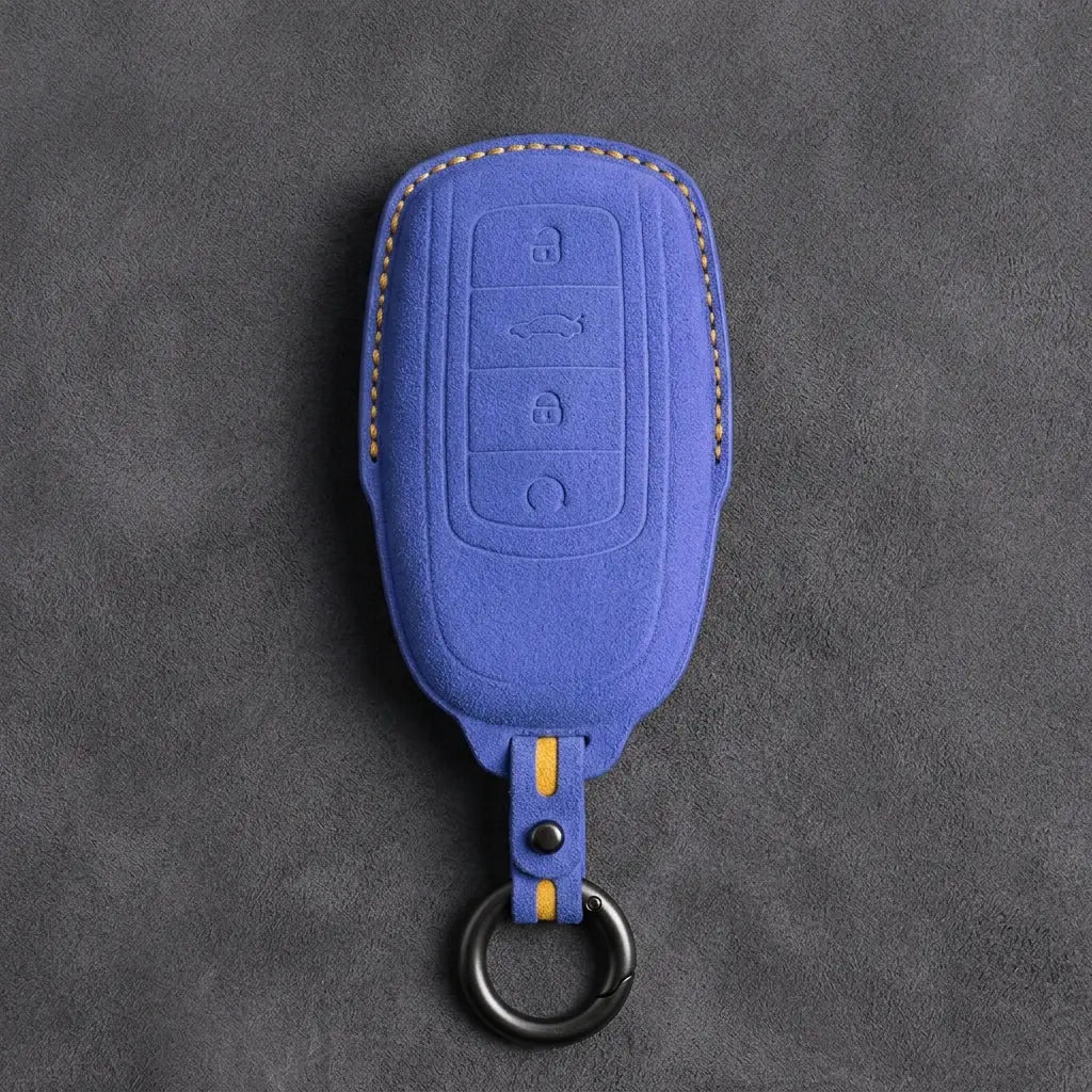 Chery Hand-Stitched Alcantara Key Fob Cover – 4-Button Remote Start - Cornflower Blue
