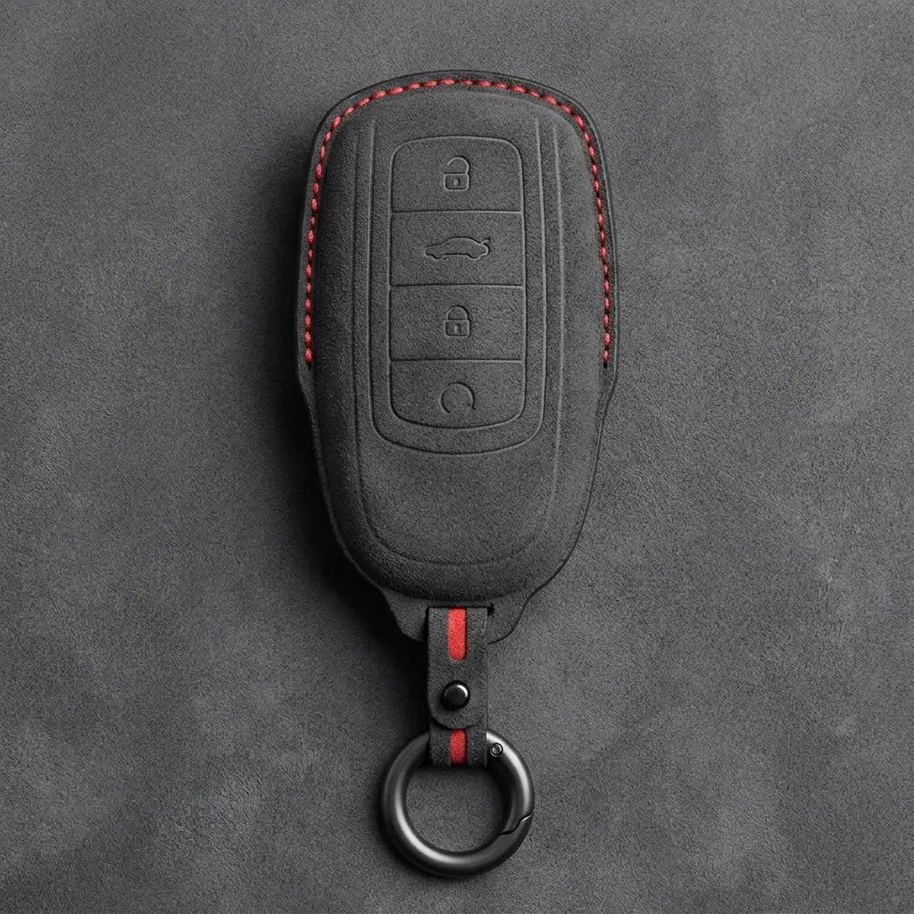 Chery Hand-Stitched Alcantara Key Fob Cover – 4-Button Remote Start - Dark Charcoal