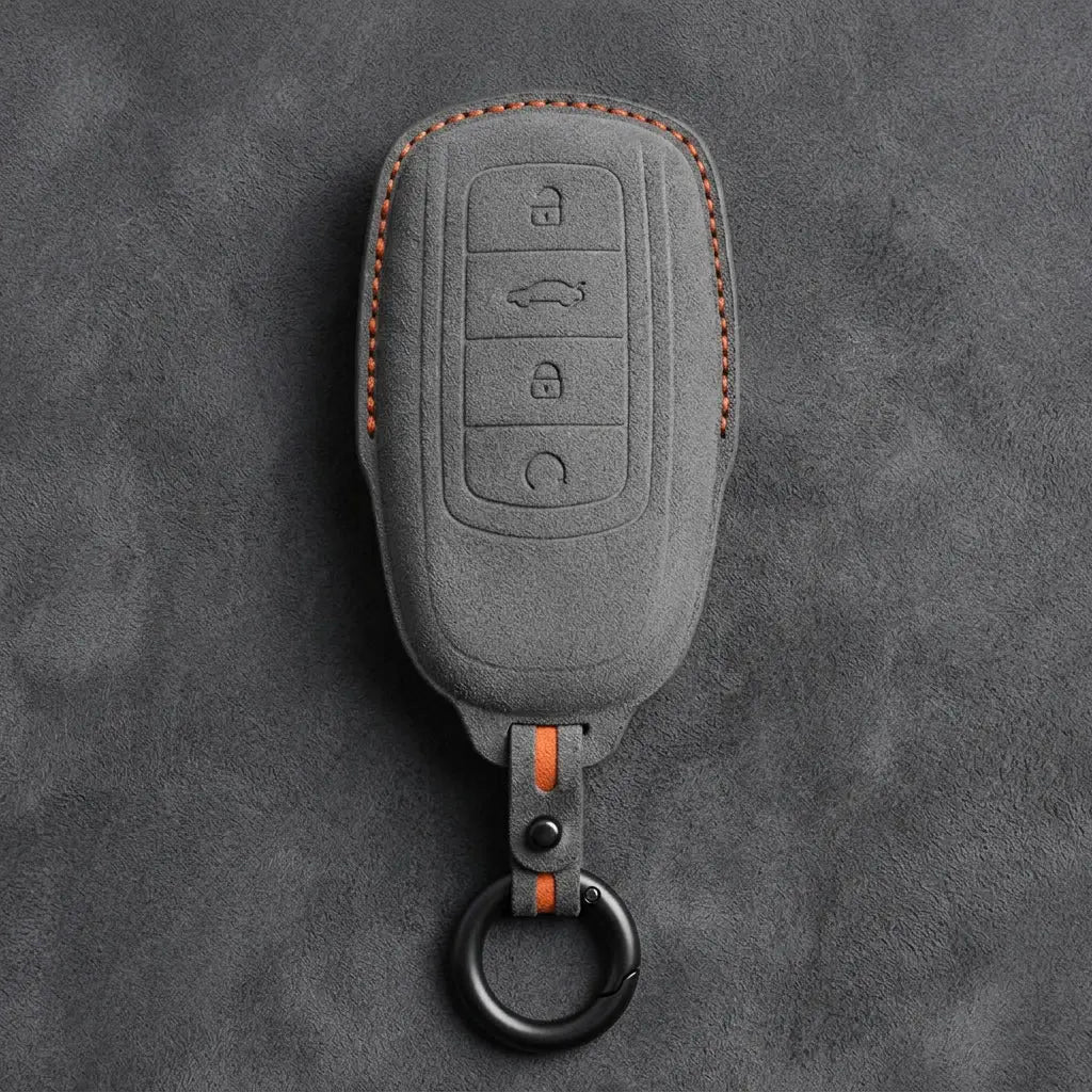 Chery Hand-Stitched Alcantara Key Fob Cover – 4-Button Remote Start - Dark Gray