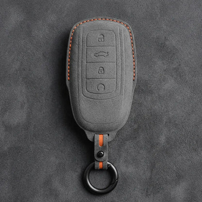 Chery Hand-Stitched Alcantara Key Fob Cover – 4-Button Remote Start - Dark Gray