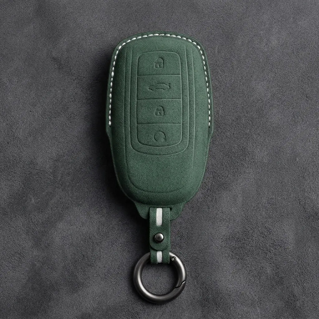 Chery Hand-Stitched Alcantara Key Fob Cover – 4-Button Remote Start - Dark Green