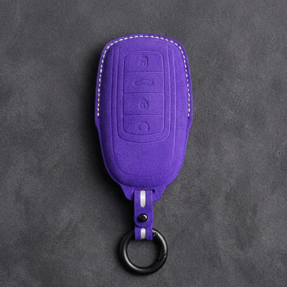 Chery Hand-Stitched Alcantara Key Fob Cover – 4-Button Remote Start - Dark Purple