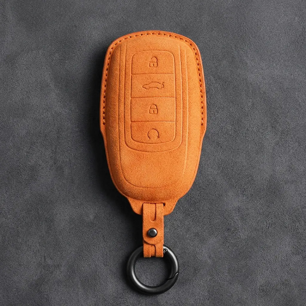 Chery Hand-Stitched Alcantara Key Fob Cover – 4-Button Remote Start - Orange