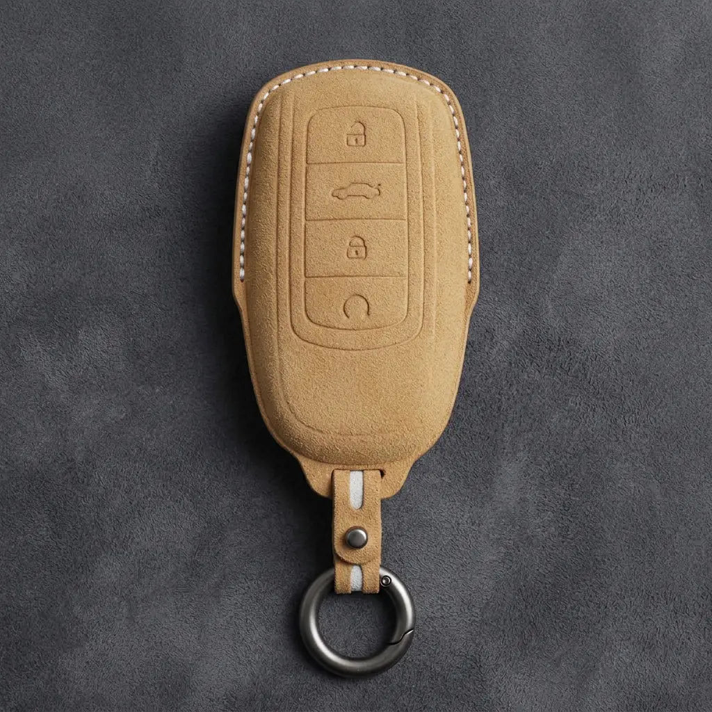 Chery Hand-Stitched Alcantara Key Fob Cover – 4-Button Remote Start - Soft Brown