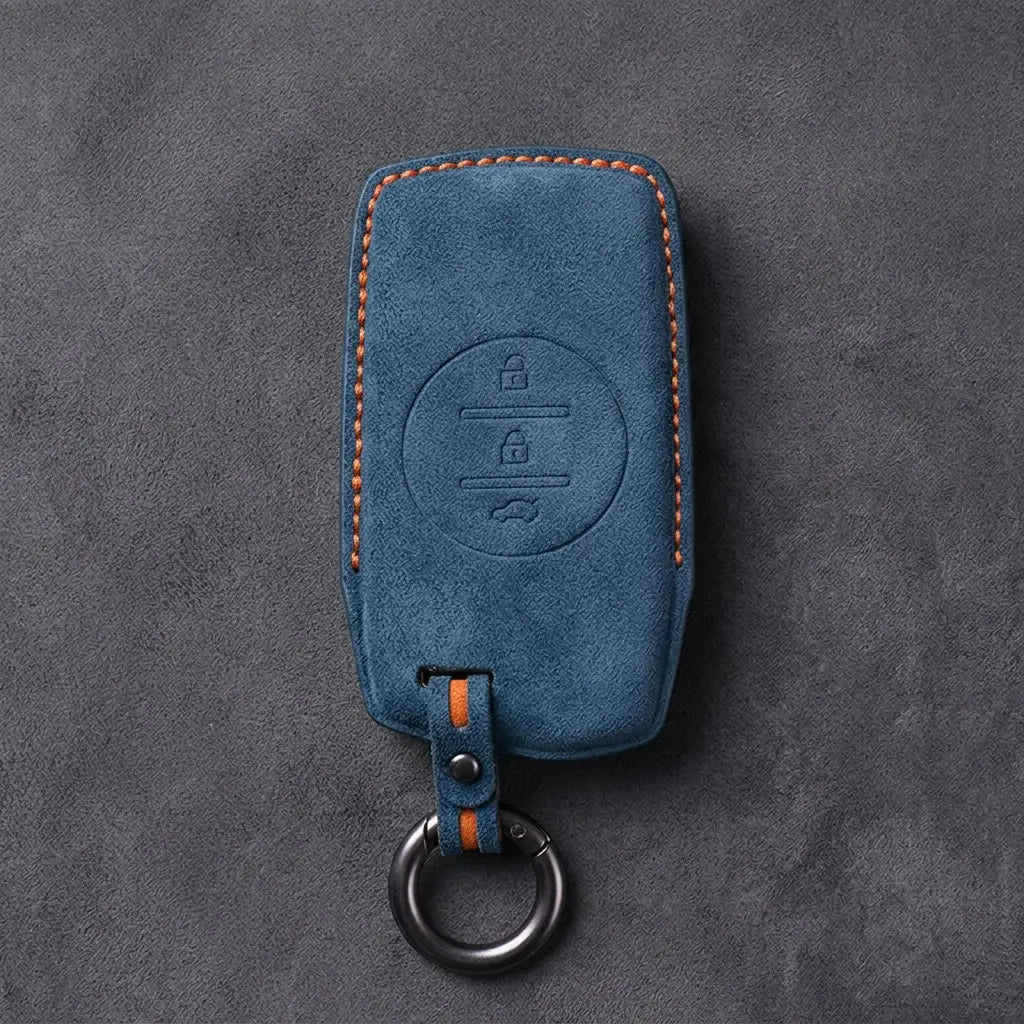 Chery Hand-Stitched Alcantara Key Fob Cover – Circular 3-Button - Cobalt Blue