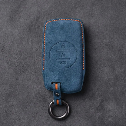 Chery Hand-Stitched Alcantara Key Fob Cover – Circular 3-Button - Cobalt Blue
