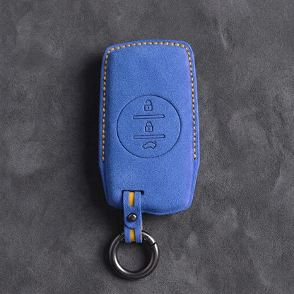 Chery Hand-Stitched Alcantara Key Fob Cover – Circular 3-Button - Cornflower Blue
