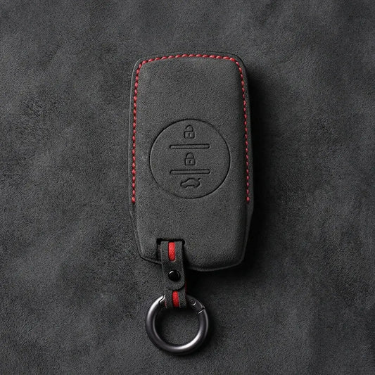 Chery Hand-Stitched Alcantara Key Fob Cover – Circular 3-Button - Dark Charcoal